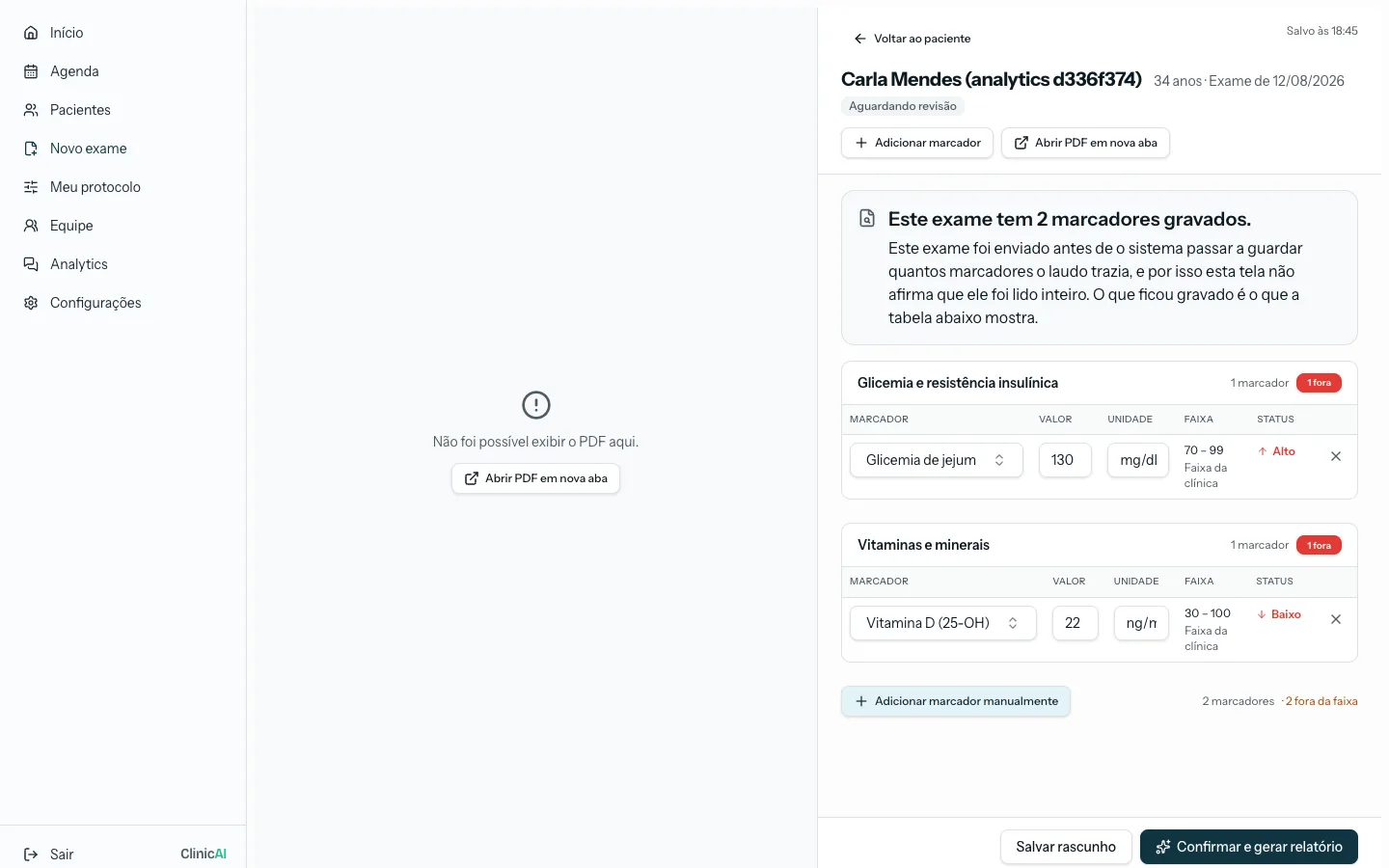 Tela do ClinicAI com os resultados de um exame e dois marcadores fora da faixa destacados